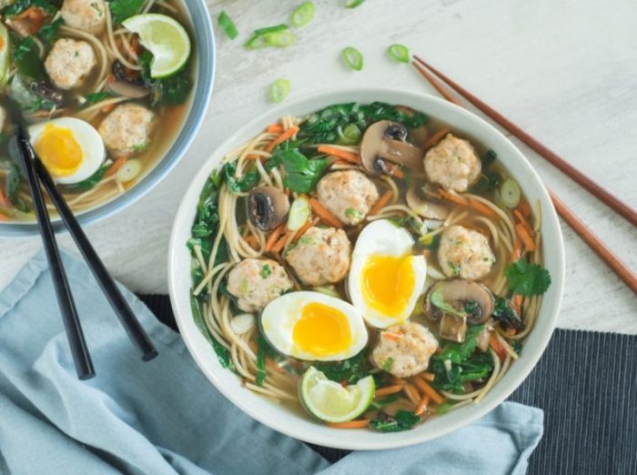 bowl of turkey meatballs, eggs mushroom & noodles