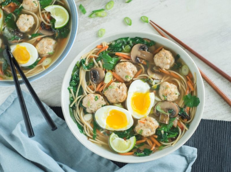bowl of turkey meatballs, eggs mushroom & noodles