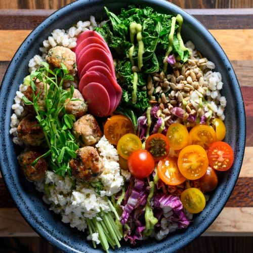 Garden Barley Bowl with Turkey Feta Bites & Creamy Avocado