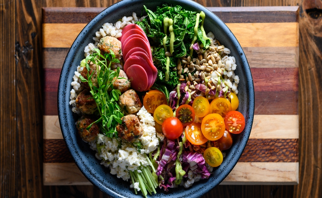 Garden Barley Bowl with Turkey Feta Bites & Creamy Avocado