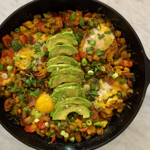 Turkey Bacon Breakfast Skillet with Fried Eggs and Avocado