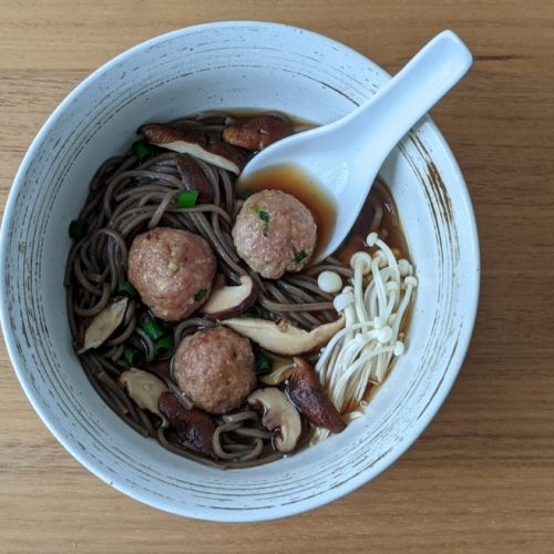Japanese Inspired Soba Noodle Soup with Turkey Meatballs and Shiitake Mushrooms