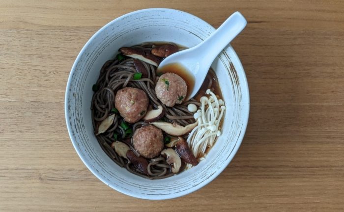 Japanese Inspired Soba Noodle Soup with Turkey Meatballs and Shiitake Mushrooms