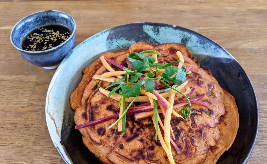 Korean Inspired Pancakes with Vegetables and Spicy Turkey