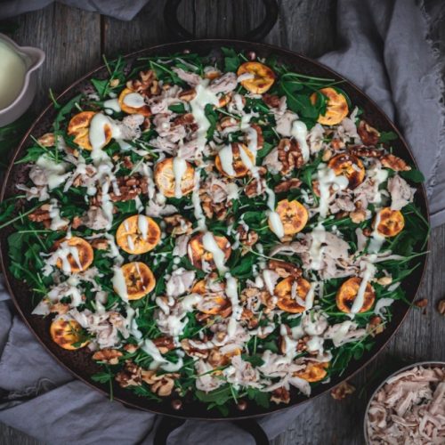 Shredded Turkey Salad with Roasted Plantain, Walnuts & Lemon Yogurt Dressing