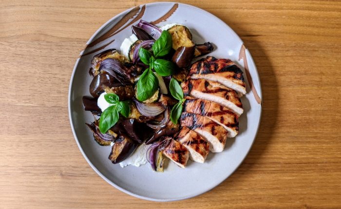 Barbecued Eggplant Salad with Burrata and Italian Style Turkey Breast Fillets