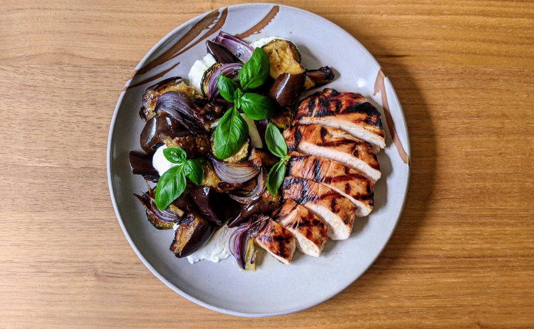 Barbecued Eggplant Salad with Burrata and Italian Style Turkey Breast Fillets
