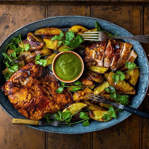 Coffee & Coriander Rubbed Grilled Turkey Breast with Potatoes Wedges and Grilled Jalapeno Salsa