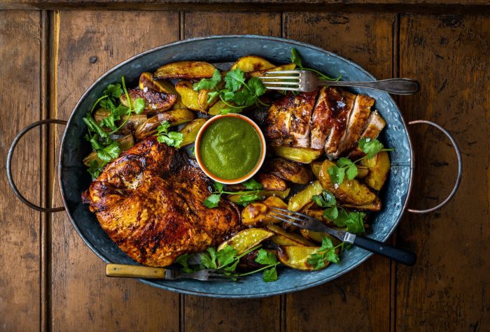 Coffee & Coriander Rubbed Grilled Turkey Breast with Potatoes Wedges & Grilled Jalapeno Salsa