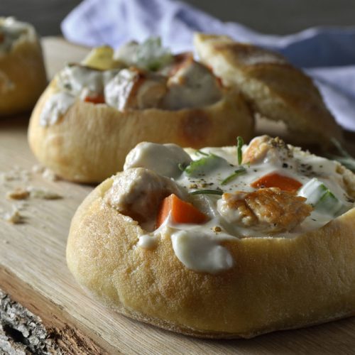 creamy turkey stew in a bread bowl