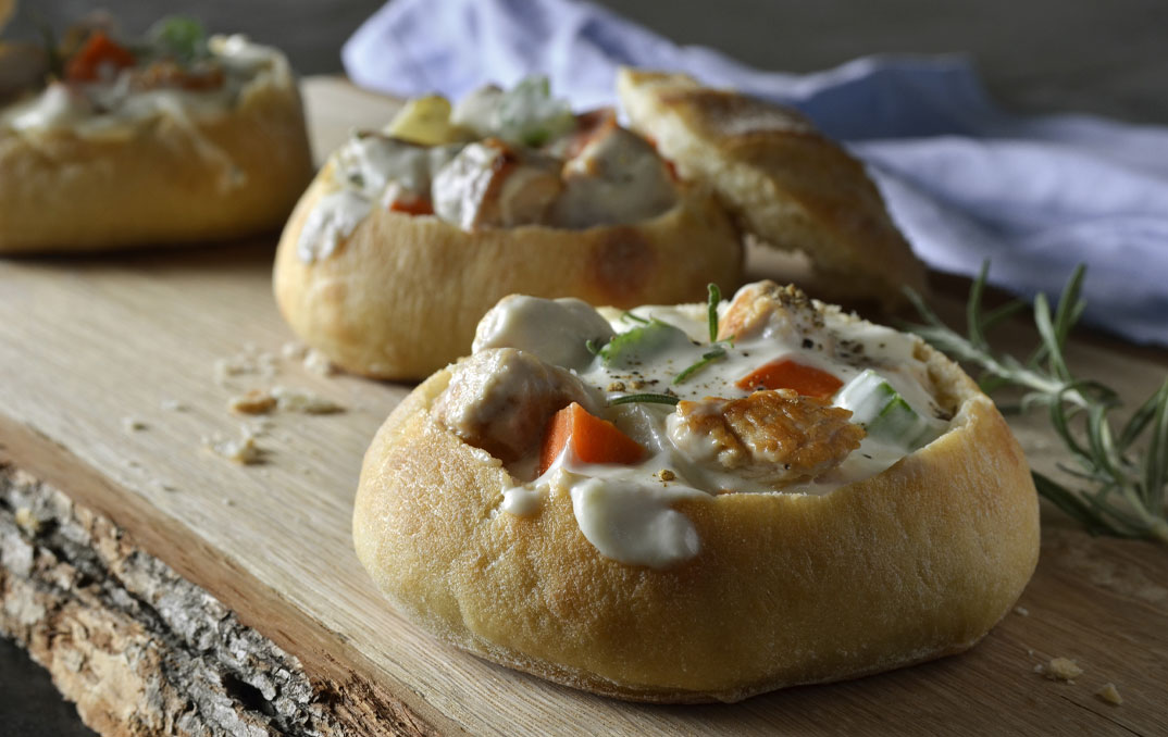 creamy turkey stew in a bread bowl