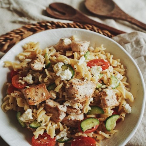 Turkey, Cucumber, Feta & Tomato Pasta Salad in a bowl