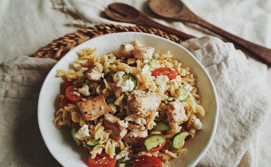 Turkey, Cucumber, Feta & Tomato Pasta Salad in a bowl