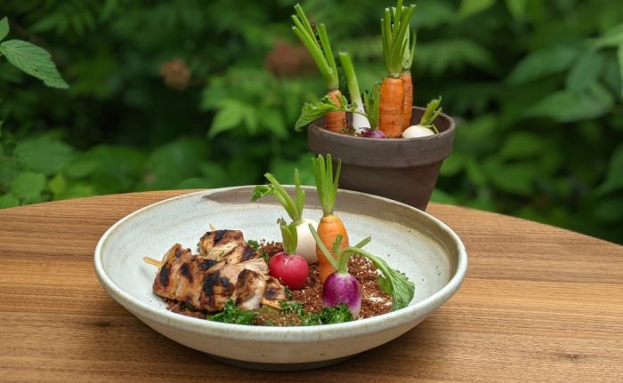 Miso Turkey Skewers in a Vegetable Garden with Edible Soil