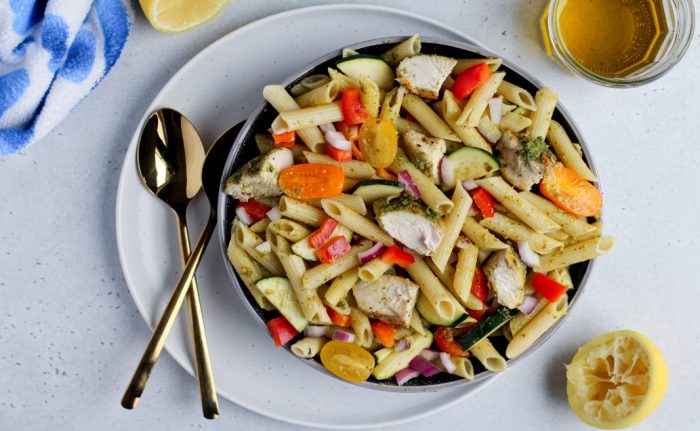 Grilled Pesto Turkey Breast with Summer Veggie Pasta Salad