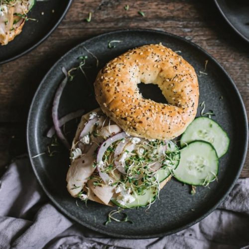 Deli Turkey Meat on an Everything Bagel with Red Onion, Cucumber, Alfalfa Sprouts and Goat Cheese