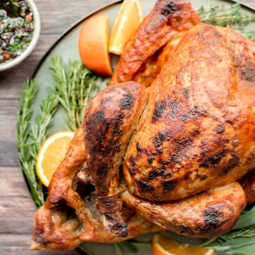Whole roasted turkey with dried fruit chimichurri