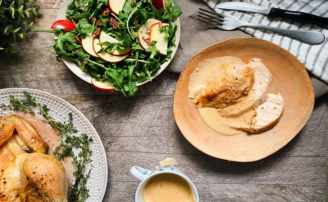 Turkey With Foie Gras Gravy and Apple, Pecan and Arugula Salad