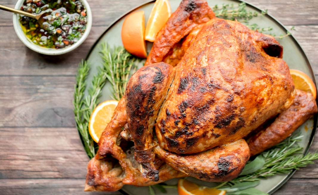 Whole roasted turkey with dried fruit chimichurri