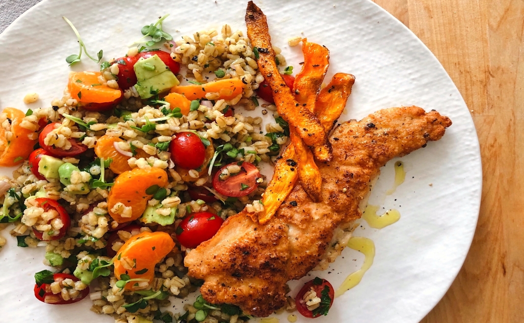Turkey Cutlets with Barley Salad and Carrot Chips