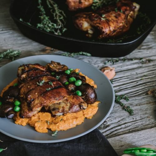 Grilled Turkey Thighs with Mushroom, Mashed Sweet Potato & Peas