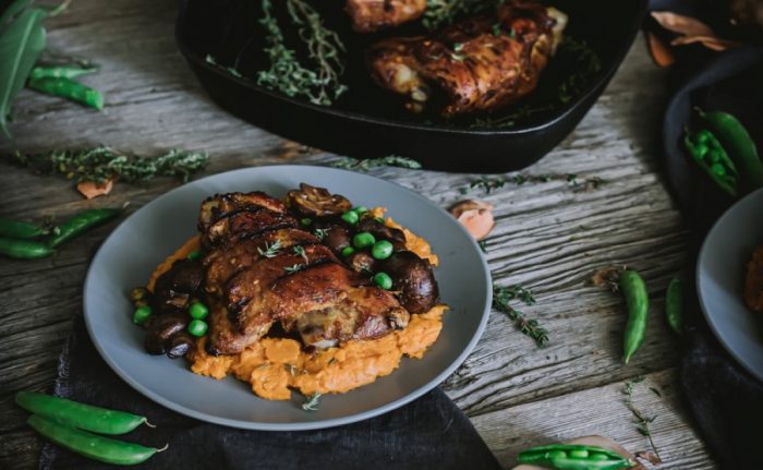 Grilled Turkey Thighs with Mushroom, Mashed Sweet Potato & Peas
