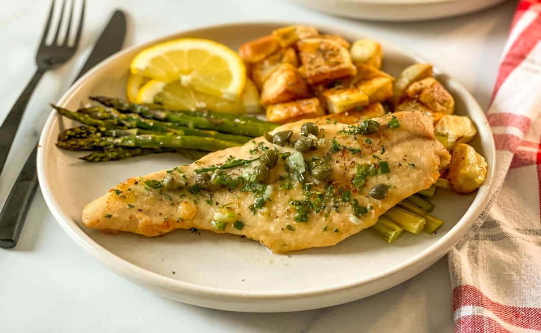 Grilled Turkey Cutlets with Lemon, Capers & White Wine Sauce