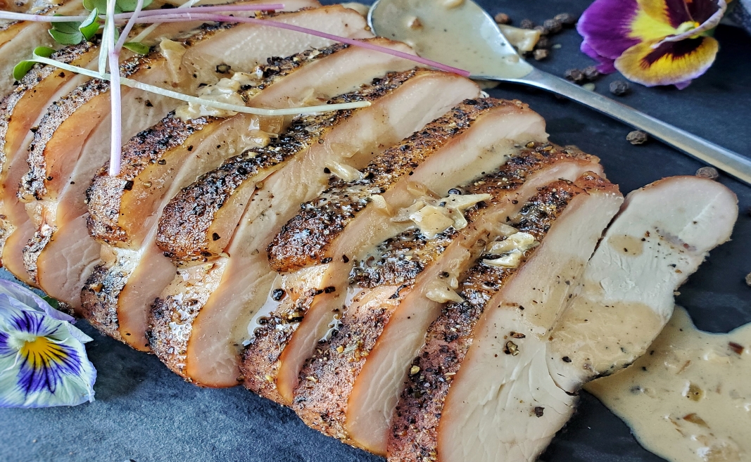 Hickory Smoked Turkey Breast with Peppercorn Cream Sauce