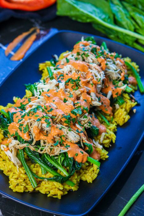 Shredded Turkey with Roasted Pepper Sauce