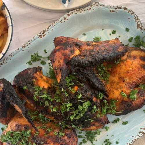 Barbecued Spatchcock Turkey Portuguese Style on a platter