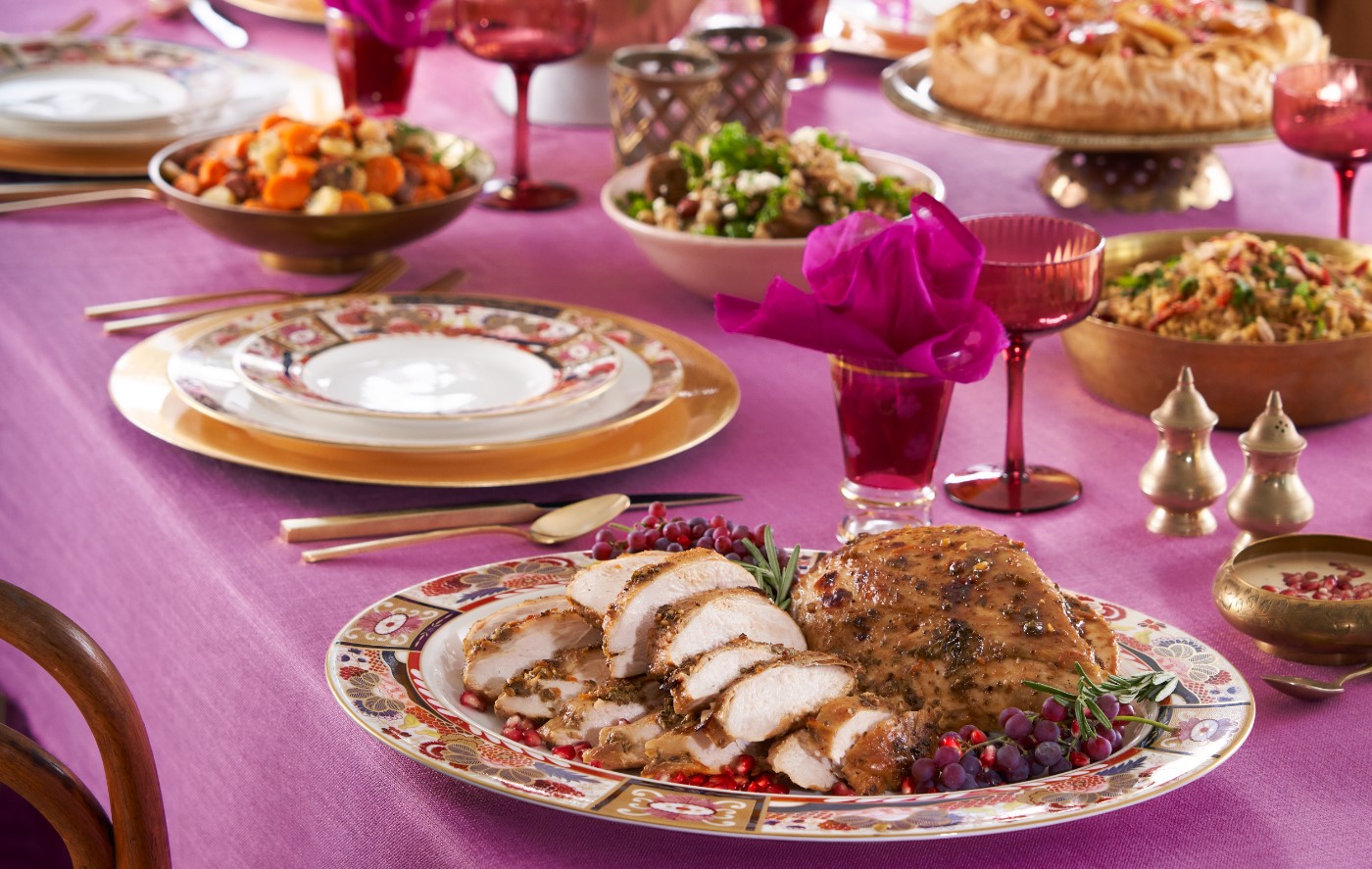 Spiced Turkey Breast with Minted Pomegranate Yogurt on a jewel decorated dinner table