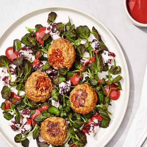 Maple-Dijon Turkey Meatballs with Cranberry Goat Cheese Salad