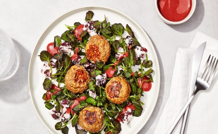 Maple-Dijon Turkey Meatballs with Cranberry Goat Cheese Salad