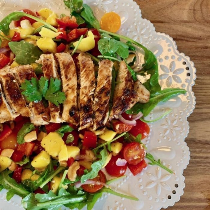 Marinated Turkey Salad with Arugula, Mango and Cashew