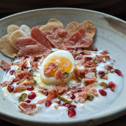 Turkey Bacon, Pistachios, Pomegranate and Honey Labneh