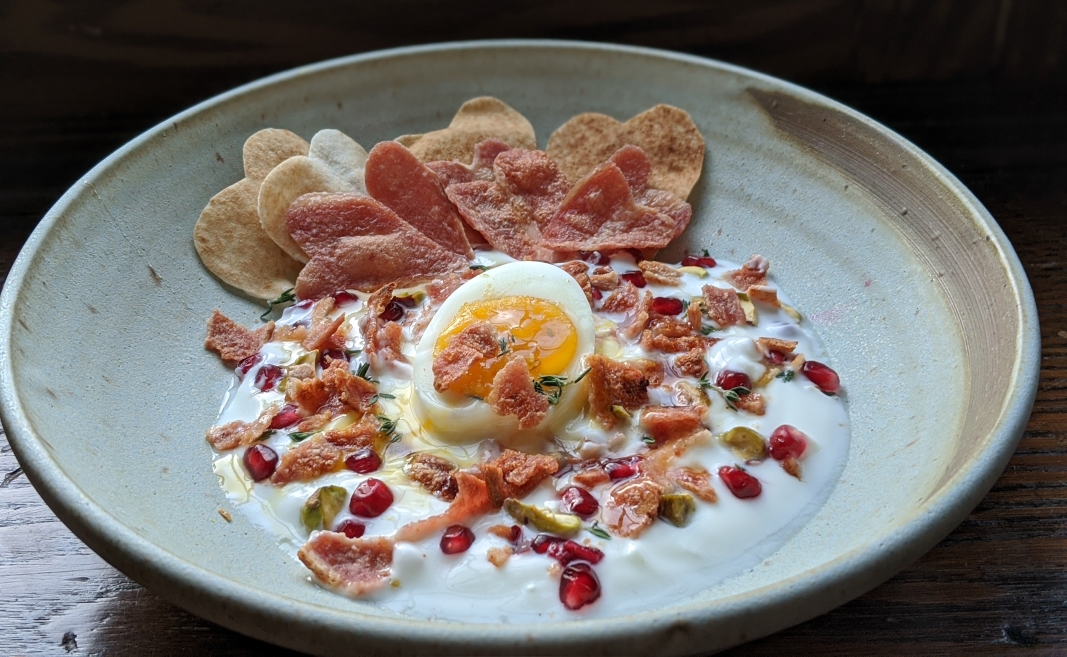 Turkey Bacon, Pistachios, Pomegranate and Honey Labneh
