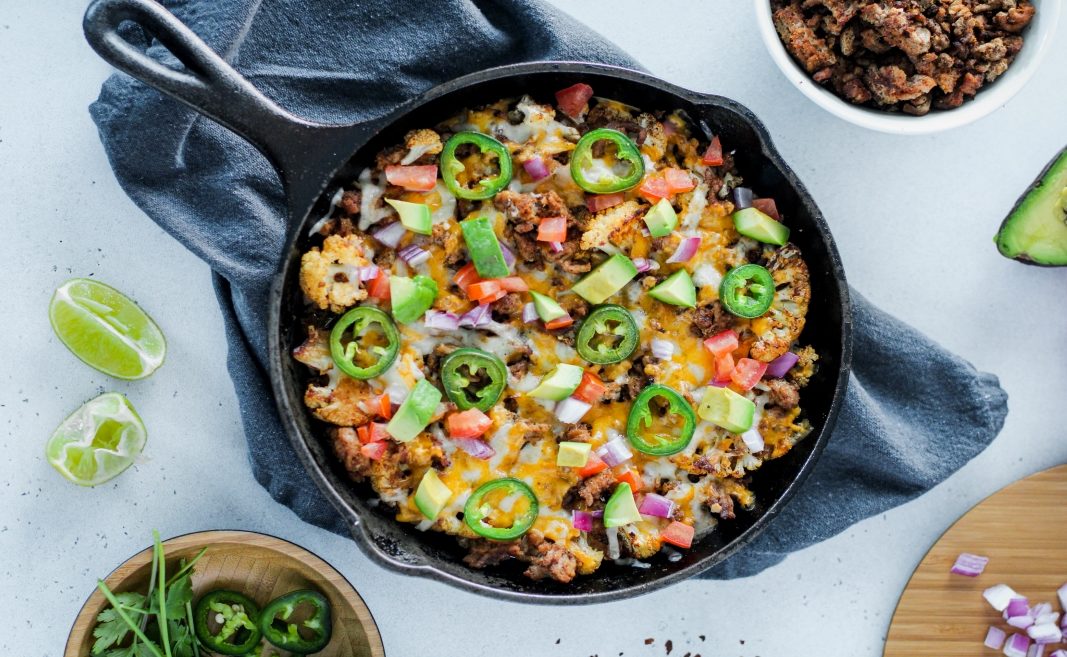 Turkey Cauliflower Nachos in a skillet