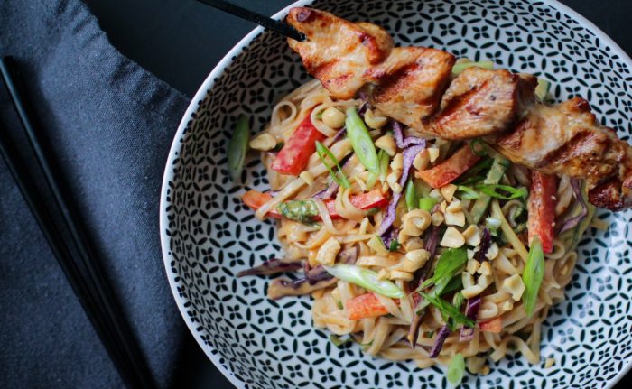 Grill turkey kabobs with Thai noodle salad