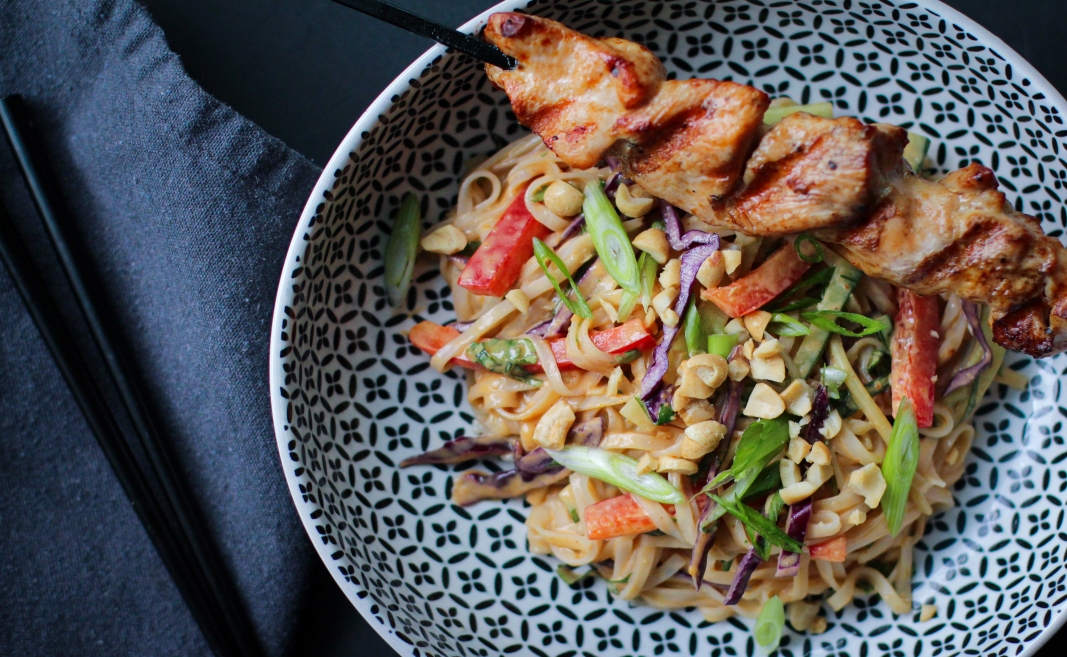 Grill turkey kabobs with Thai noodle salad