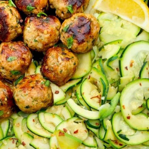 Garlic Butter Turkey Meatballs with Lemon Zucchini Noodles