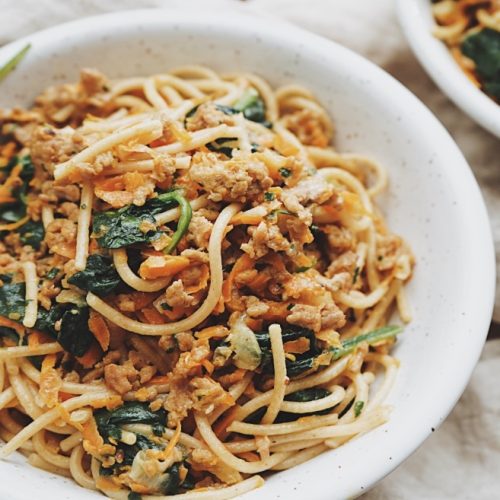 Whole Grain Spaghetti with Turkey, Carrots and Spinach