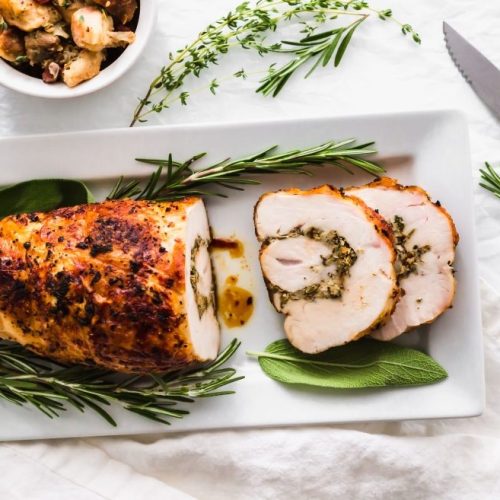 Roasted Turkey Porchetta on a serving tray