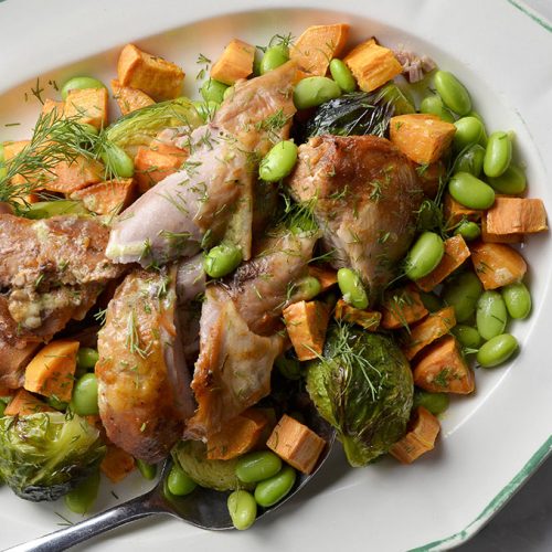 Roasted Turkey Drumsticks with Sweet Potato and Brussel Sprout Salad