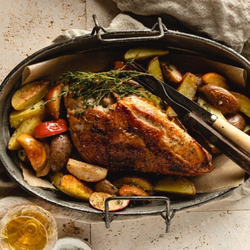 Whiskey Apple Glazed Turkey Breast with Roasted Potatoes & Apples