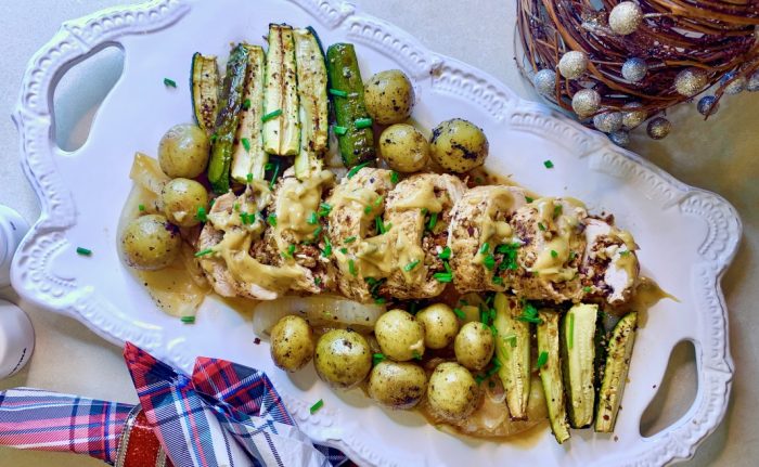 Turkey Roast stuffed with olives, dried tomatoes & mascarpone in a cream and white wine sauce