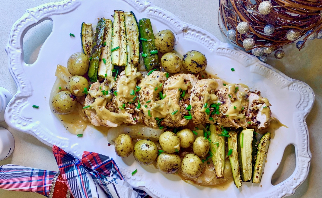 Turkey Roast stuffed with olives, dried tomatoes & mascarpone in a cream and white wine sauce