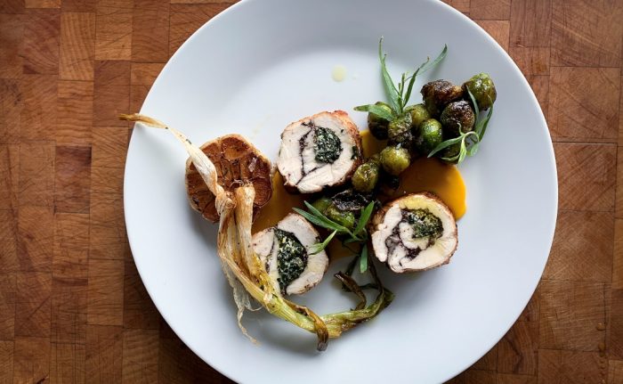 Stuffed turkey breast with kale & olive tapenade & goat cheese – sides of sweet potato puree & caramelized brussels sprouts