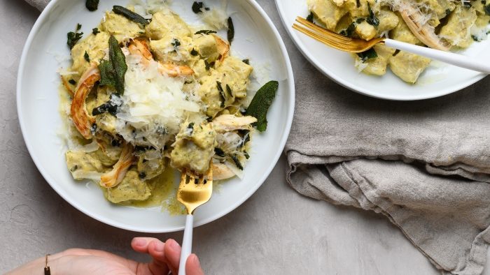 Stuffing & Potato Gnocchi with Turkey and Creamy Squash Sauce