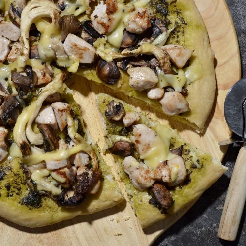Grilled Turkey Pizza with Mushrooms and Basil Pesto