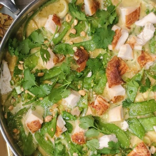 thai inspired turkey green curry in a pot